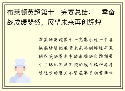 布莱顿英超第十一完赛总结：一季奋战成绩斐然，展望未来再创辉煌